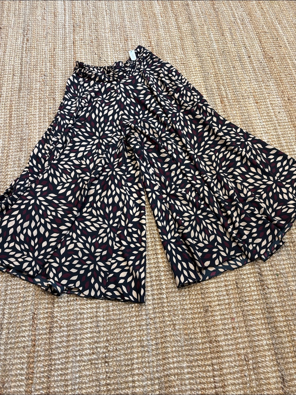Elegant Black and Cream Patterned Wide Leg Pants
